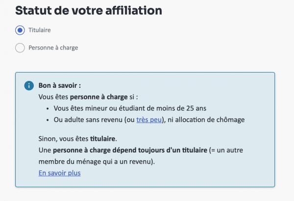 Capture d'écran d'une partie d'un formulaire à compléter. Il est demandé de choisir entre titulaire ou personne à charge.